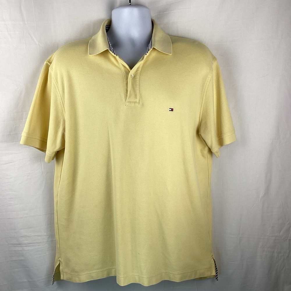 Tommy Hilfiger Men's Polo Shirt Sz Large Short Sleeve Logo Preppy Casual Yellow